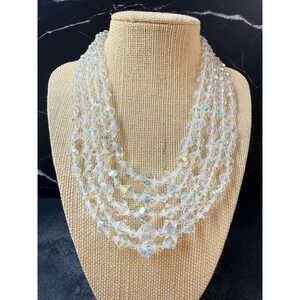 Vintage Aurora Borealis Crystal 5 Strand Bib Necklace Iridescent Glass Beaded